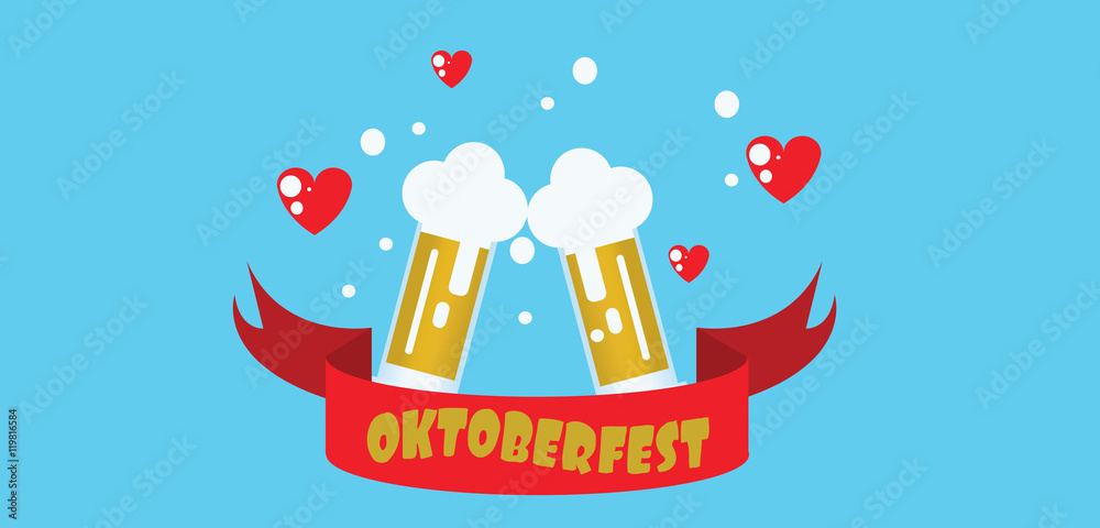 Vector flat style one floor house with trees, hearts and beer glasses over blue background.