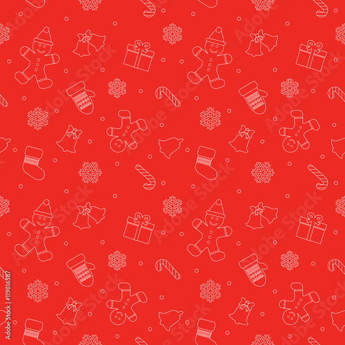 Christmas seamless pattern with gingerbread man, mittens, bells and snowflakes in bright red color. For print and web.