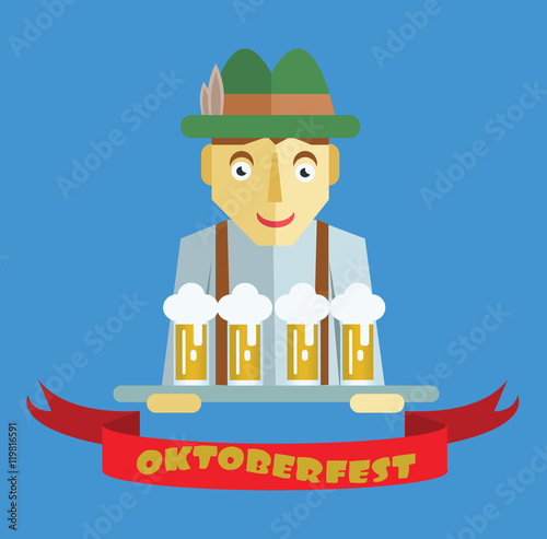Vector Oktoberfest beer festival with cartoony hunter character, red ribbon and glasses of beer.