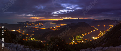 City lights at the blue hour in the Bay of Kotor, Montenegro