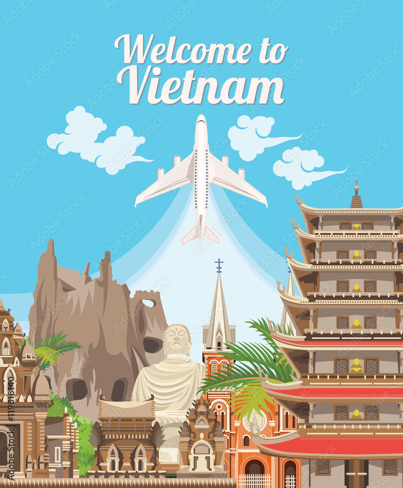 Fototapeta premium Travel to Vietnam. Set of traditional Vietnamese cultural symbols. Vietnamese landmarks and lifestyle of Vietnamese people