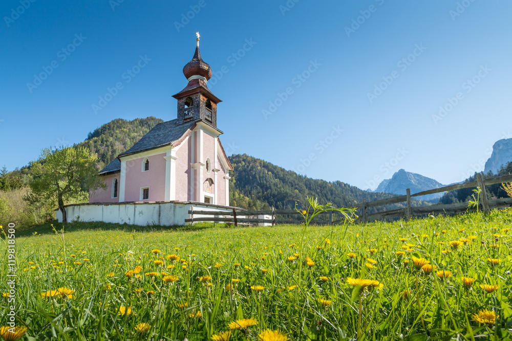 Alpine landscape with chapel and mountains at Lofer, Austria