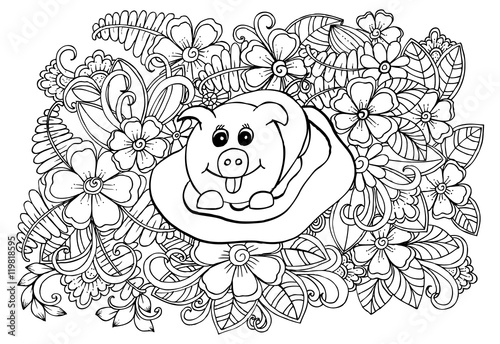 Funny pig and beautiful flowers for coloring