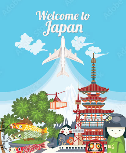 Welcome to Japan. Travel Japanese landmarks. Japanese vector icons. Vacations poster with Japanese ethnic elements