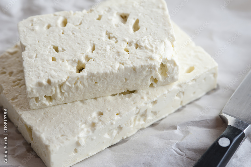 Slabs of feta goats milk cheese