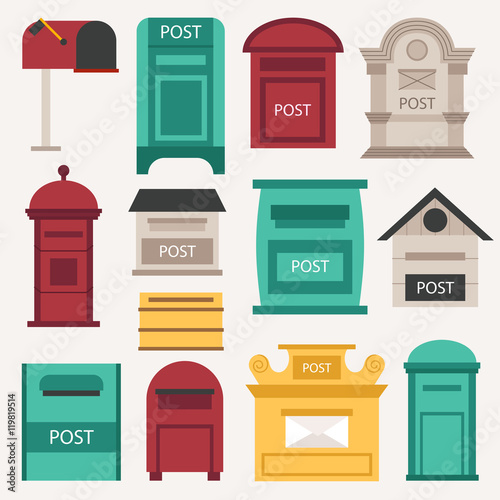 Beautiful rural curbside open and closed mailboxes with semaphore flag vector illustration. Traditional communication empty postage post mail box. Letter message post mail box service correspondence.