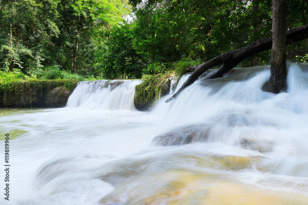 Upstream waterfall in the forest with green trees in the rainy s Upstream waterfall in the forest with green trees in the rainy s