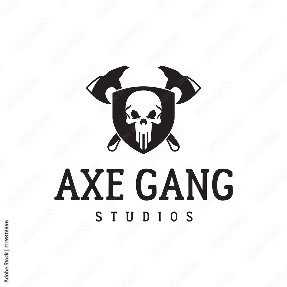 Two crossed axe, shield and skull. Skull logo. Warrior logotype. Excellent logo for a game.