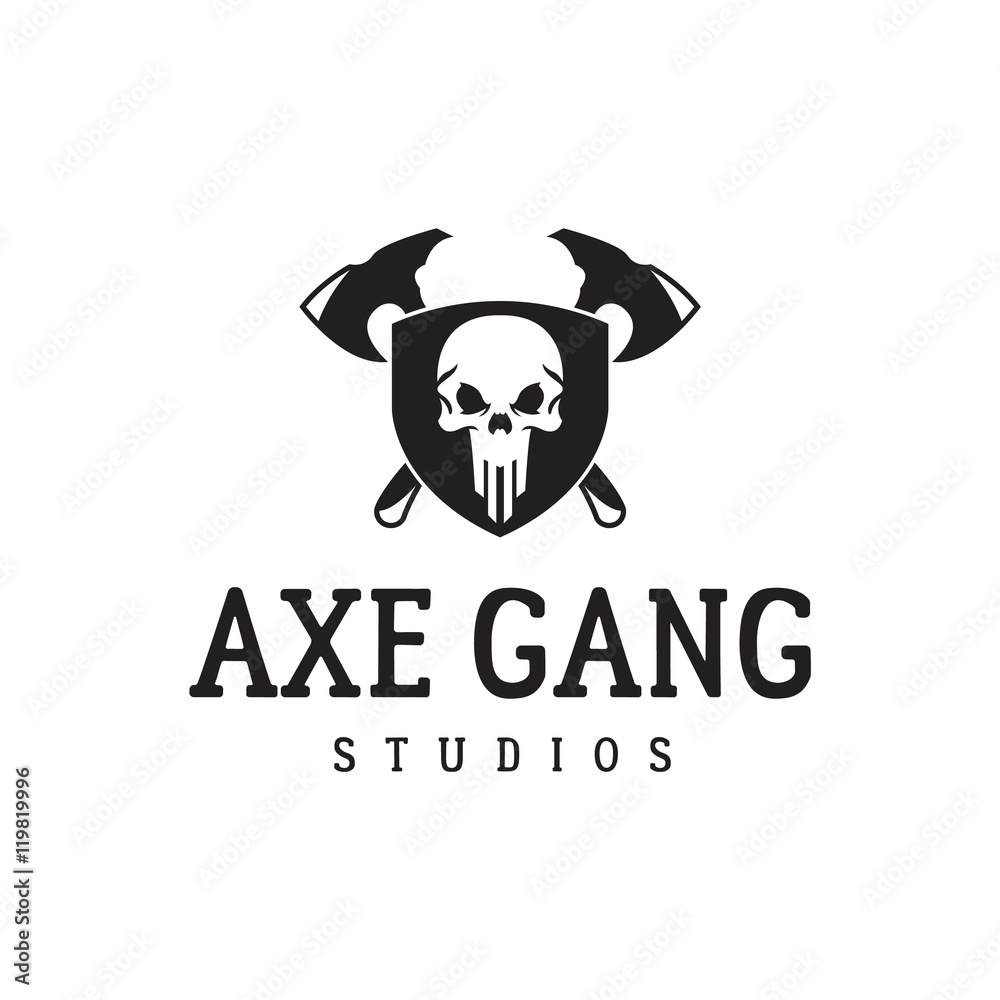 Two crossed axe, shield and skull. Skull logo. Warrior logotype. Excellent logo for a game. Two crossed axe, shield and skull. Skull logo. Warrior logotype. Excellent logo for a game.