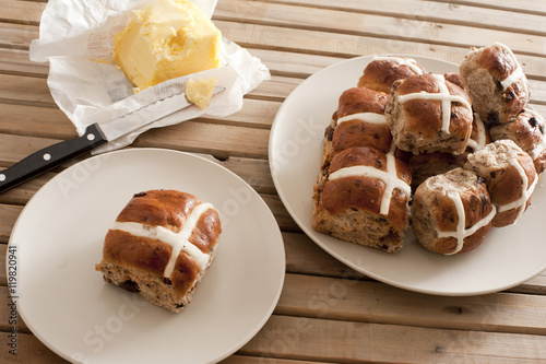 Batch of freshly baked hot cross buns