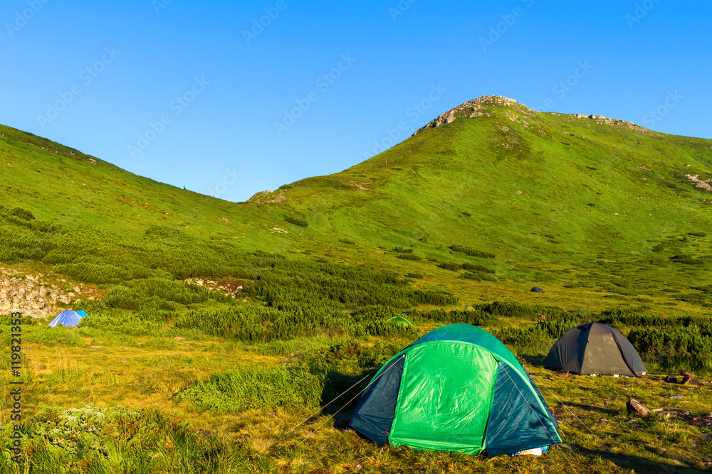 Camping tent in Carpathian mountains, sunrise morning time, summertime journey.