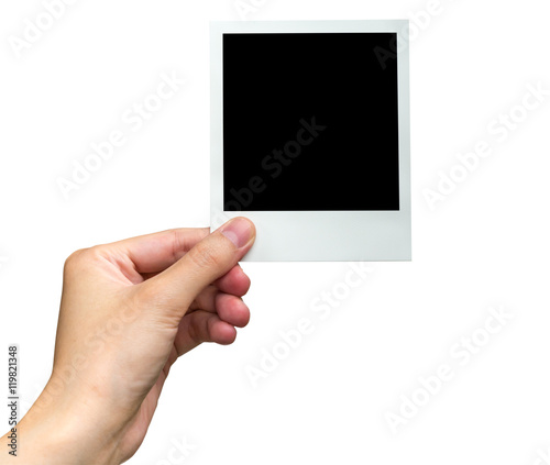 hand holding photo frame on isolated white with clipping path.