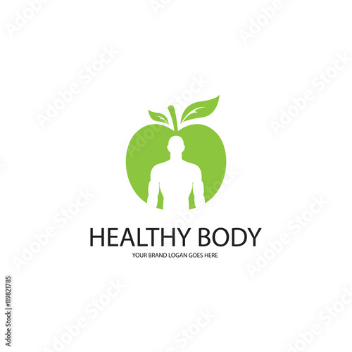 Healthy body logo. Athletic man silhouette in apple.   