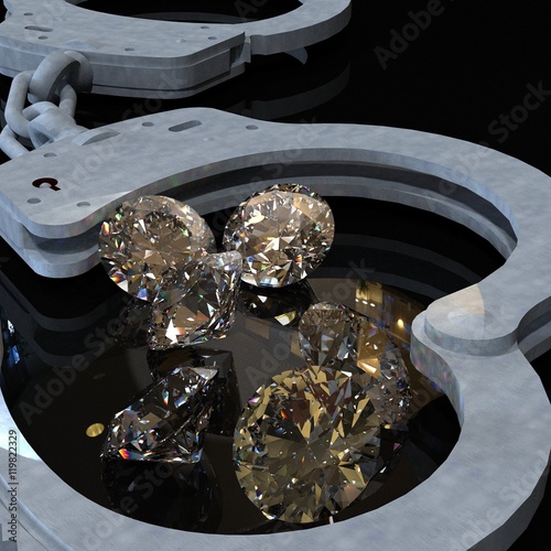 Fototapeta Naklejka Na Ścianę i Meble -  Handcuffs and diamonds symbolizing vice in love affairs 3d rendering
