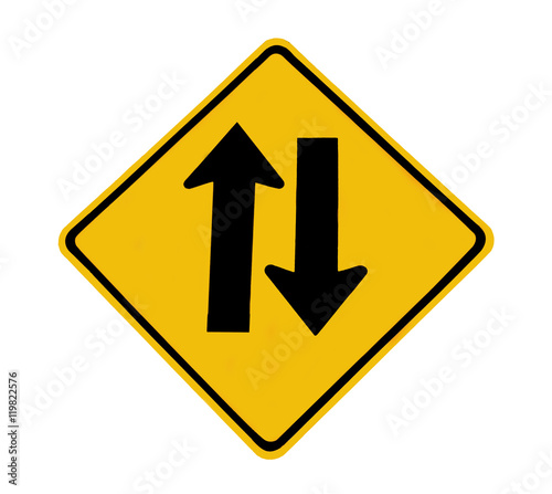 Two way traffic sign on white background