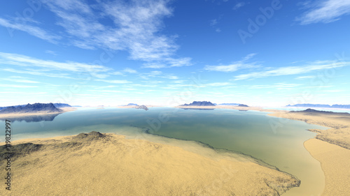 Fantasy alien planet. Mountain and lake. 3D rendering