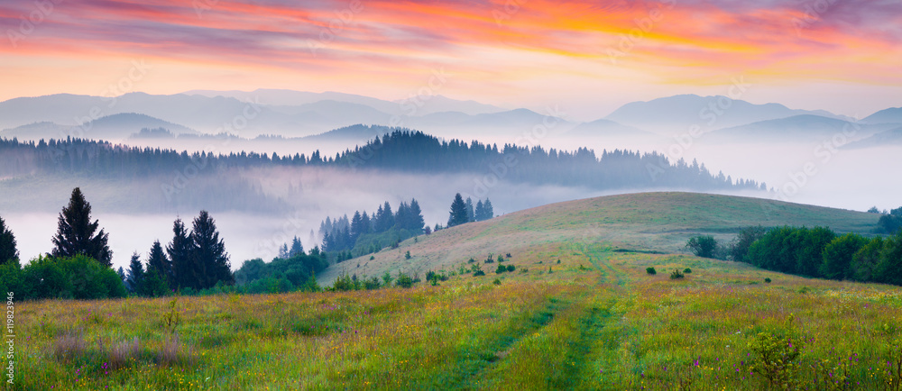 Colorful morning panorama of foggy mountains