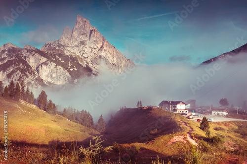 Mt. Sass de Stria in the morning mist. photo