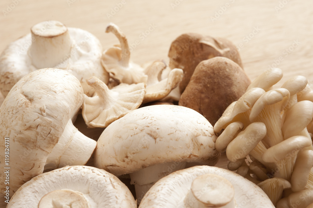 Assortment of fresh whole edible mushrooms Assortment of fresh whole edible mushrooms