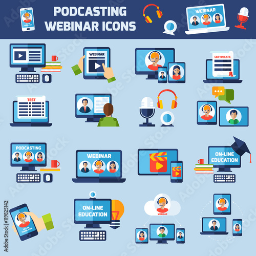 Podcasting and webinar icons set