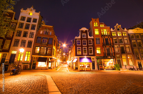 Night view streets of Amsterdam city.
