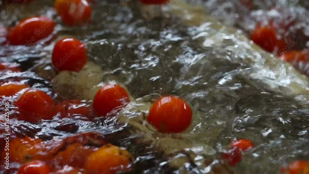 Automatic Line for Processing of Vegetables.Workers on the Production of Canned Food.Preserving Tomatoes. Tomatoes Beautifully Jump up on the Wash in the Swirling Water.Slow Motion Automatic Line for Processing of Vegetables.Workers on the Production of Canned Food.Preserving Tomatoes. Tomatoes Beautifully Jump up on the Wash in the Swirling Water.Slow Motion