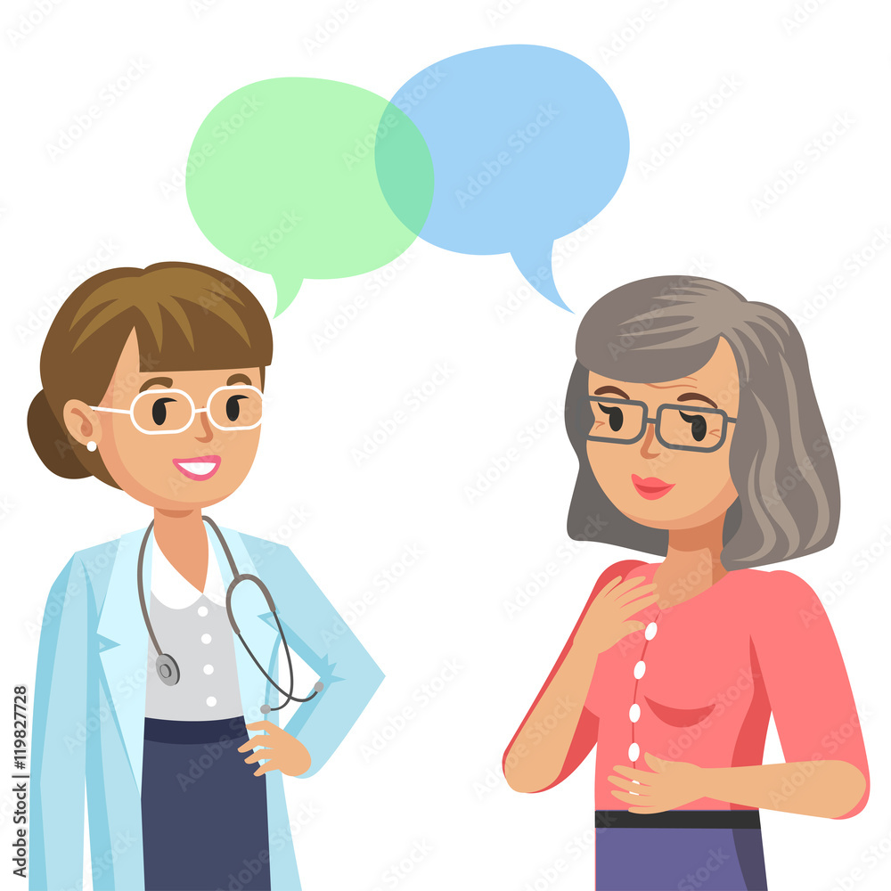 Doctor and senior patient. Woman talking to physician. Vector