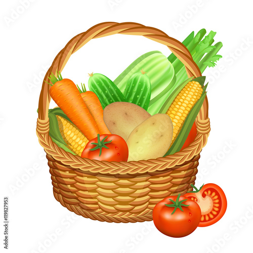 Basket with vegetables isolated on white. Vector illustration.