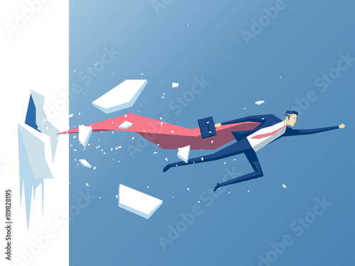 Super businessman punches the wall, employee superhero flying through the wall,  business concept power,  success and overcome difficulties