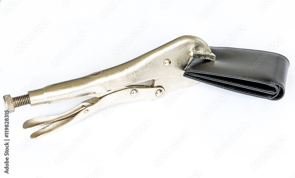 Locking Pliers hold a black wallet money Locking Pliers hold a black wallet money