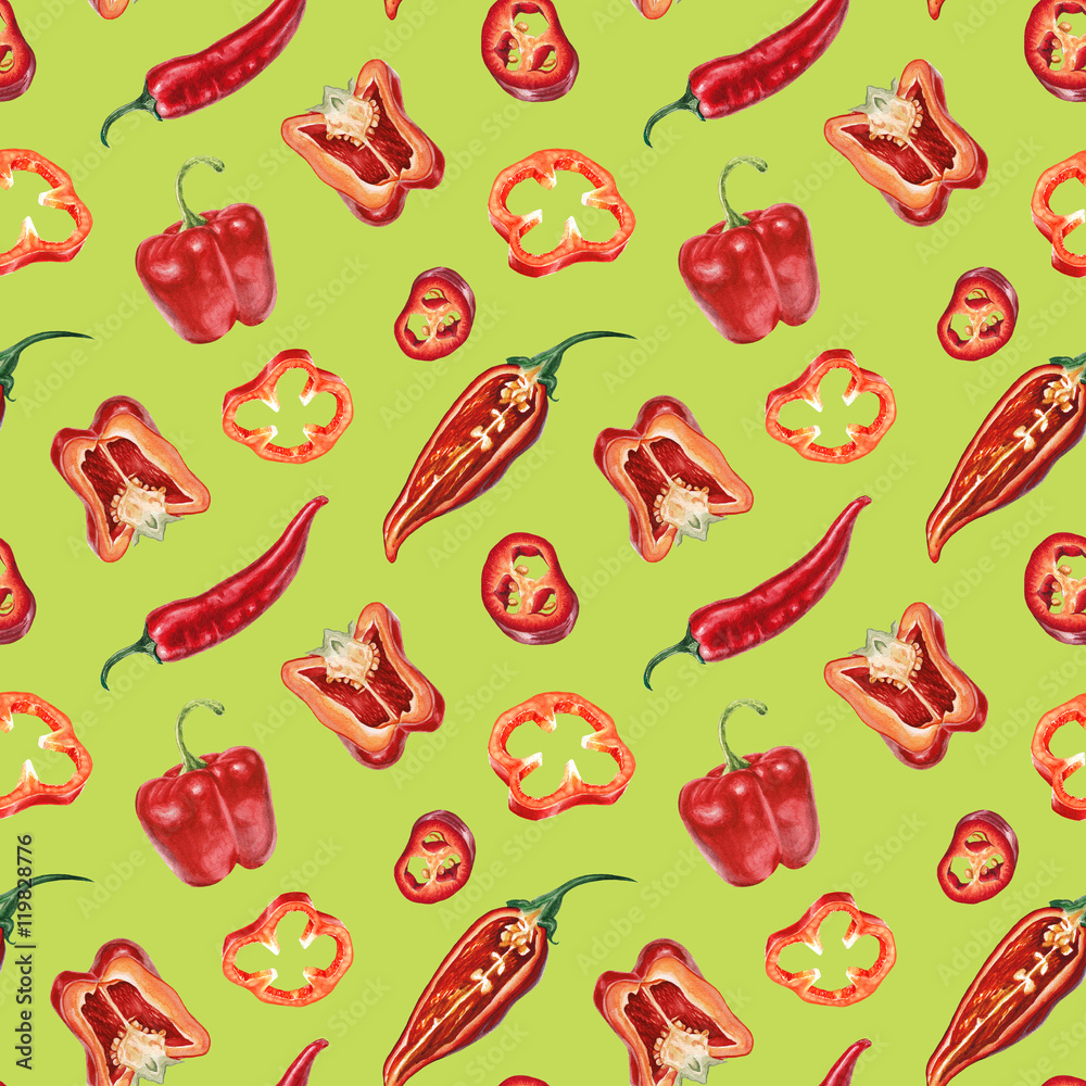 Watercolor red pepper and chili pattern Watercolor red pepper and chili pattern
