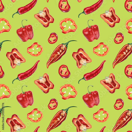 Fototapeta Naklejka Na Ścianę i Meble -  Watercolor red pepper and chili pattern
