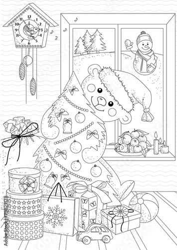 Coloring page with a painted teddy bear with Christmas tree, toys and gifts.
