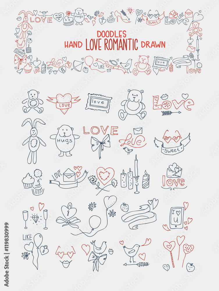 Hand drawn love doodle icons illustration on white