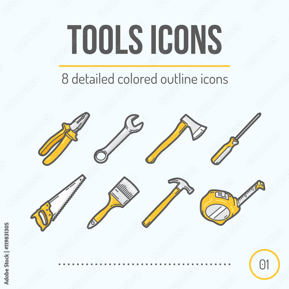 Fototapeta premium Tools Icons Set (Pliers, Wrench, Axe, Screwdriver, Saw, Brush, Hammer, Tape Measure). Trendy Thin Line Design. Colored Version. Vector Illustration.