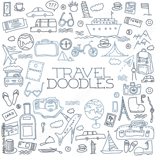 Hand drawn travel, tourism doodles elements illustration.
