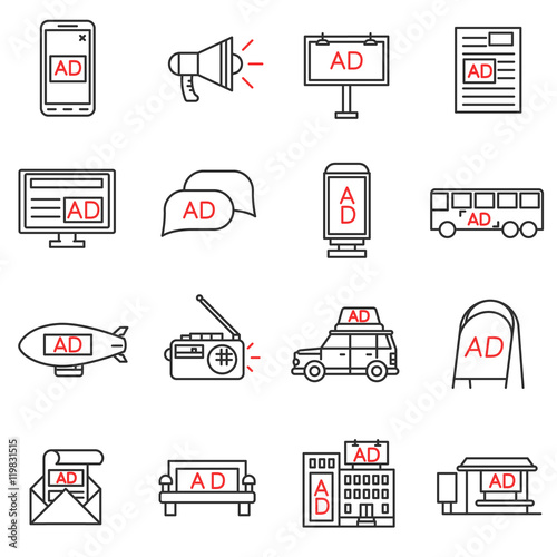 advertising icons set. advertising space collection. Thin line design