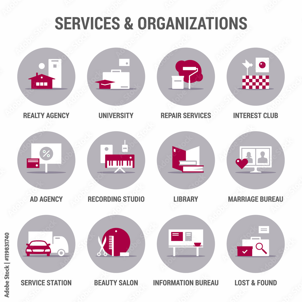 Icons set of services and organizations. Flat. Color 2.