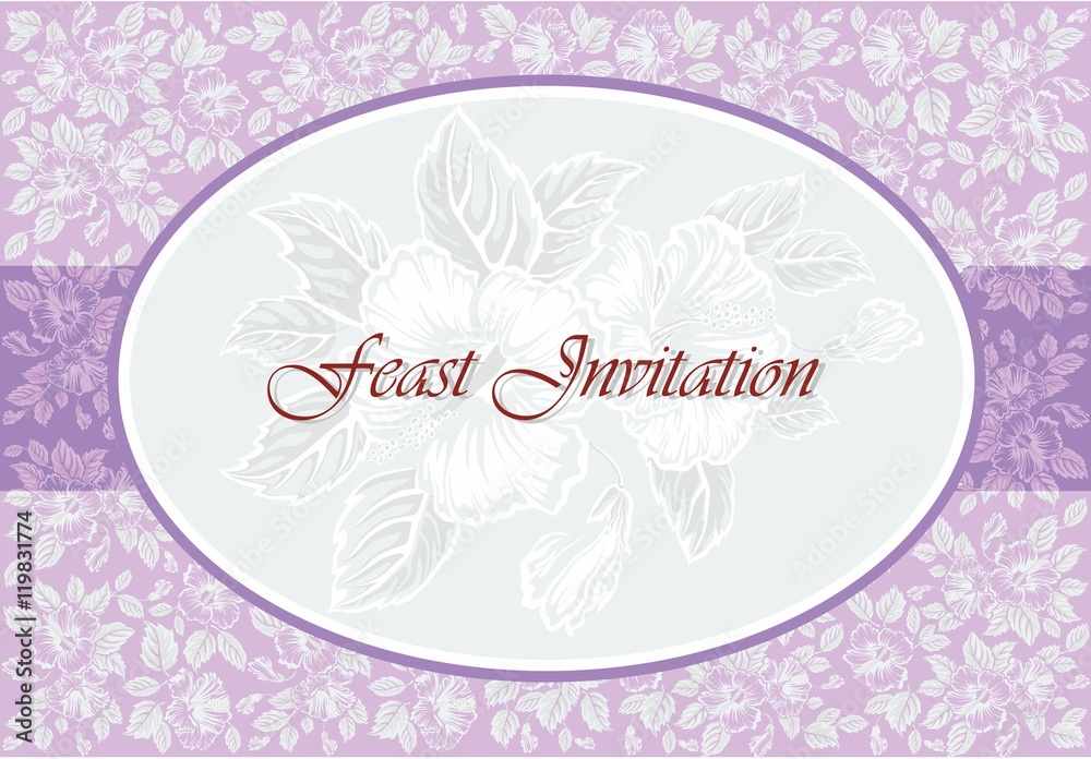 Greeting card with hibiscus flower. Elegance wedding invitation. Romantic postcard.
Vector floral border. Hawaii symbol. Photo frame. 
