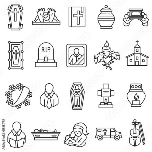 funeral icons set. funeral ceremony and paraphernalia collection. Thin line design