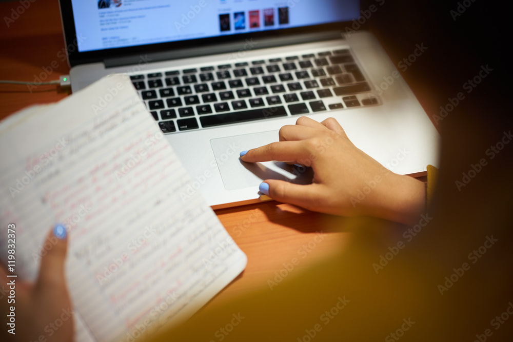 Girl College Student Doing Web Search On Laptop At Night Girl College Student Doing Web Search On Laptop At Night