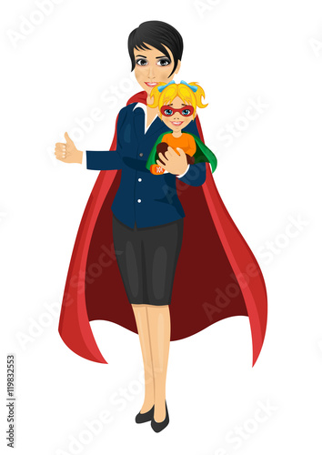 super hero mom in business suit holding her daughter with her hands and showing thumbs up