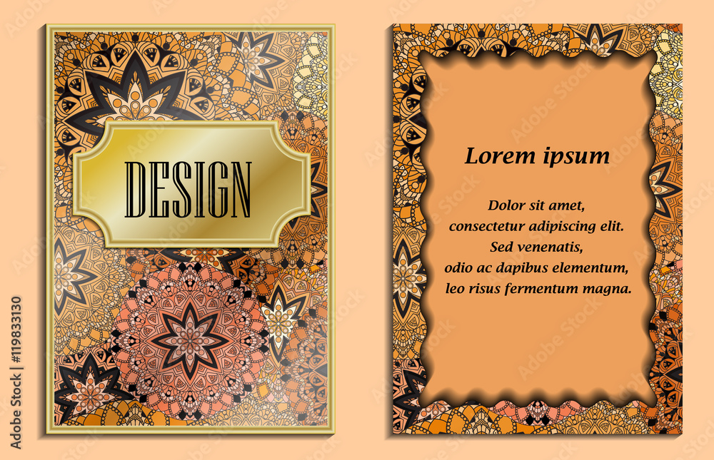 Vintage greeting card with floral motifs in oriental style. Light gold background in persian style. Template for wedding invitation. You can place your text