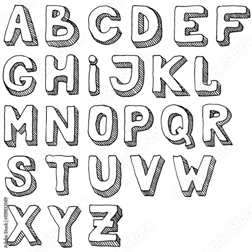 Hand drawn set of ABC letters. Free-hand alphabet illustration. 3d doodle.