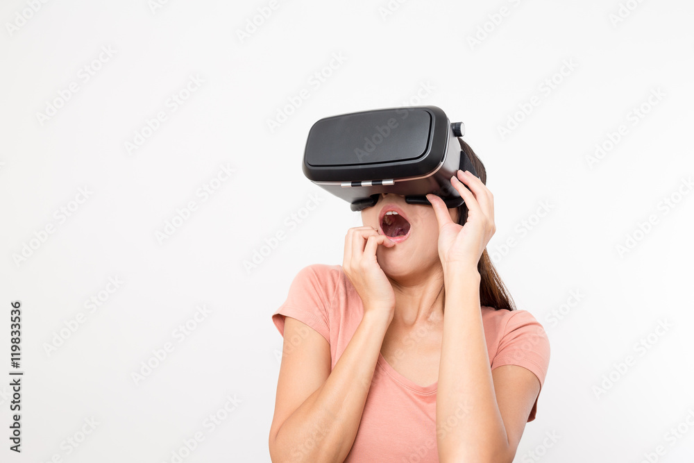 Woman experience with VR device Woman experience with VR device