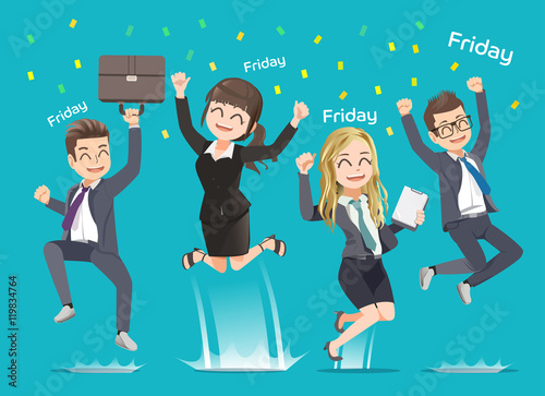 Office man and woman happy when weekend arrive. Party with friend. Work completed.Back to home.