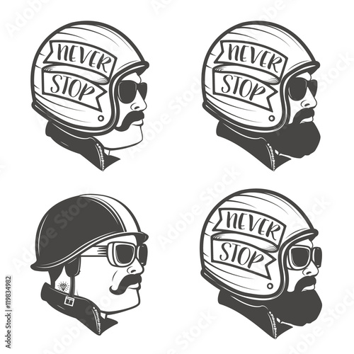 set of man heads in motorcycle helmets. Design element for logo,