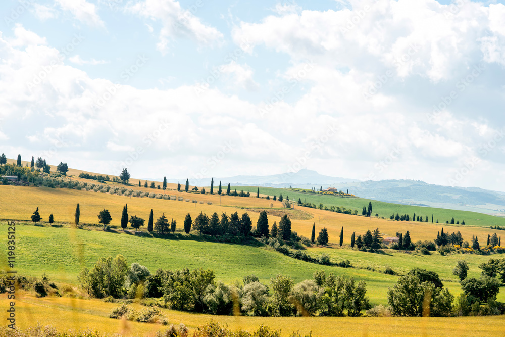 Beautiful tuscan landscape view on the green meadow with farmlands near Montepulciano town in Italy