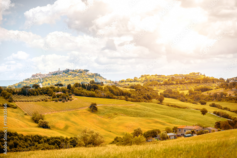 Fototapeta premium Beautiful tuscan landscape view on the green meadow with farmlands near Montepulciano town in Italy