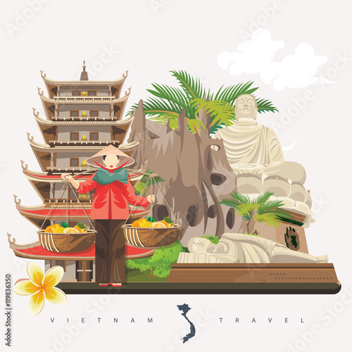 Travel to Vietnam. Set of traditional Vietnamese cultural symbols. Vietnamese landmarks and lifestyle of Vietnamese people